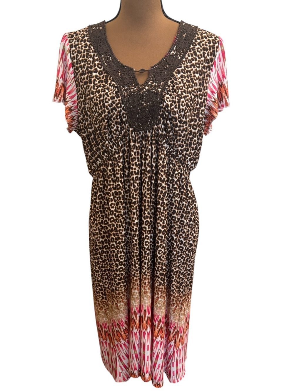 One World Boho Empire Waist Dress Animal Print Whimsical Romantic Size 1X